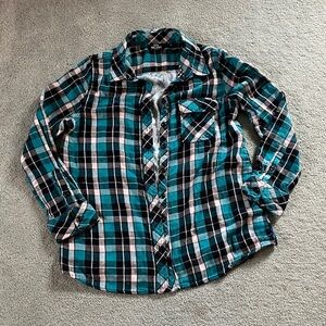 Women's Teal and Black Plaid Button Down Shirt
